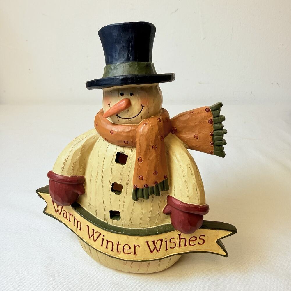 Blossom Bucket Angela Anderson Lighted Folk Art Snowman Figurine - Read